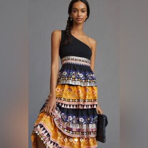 By Anthropologie One-Shoulder Tiered Midi Black Top Multicolor Ruffles S…